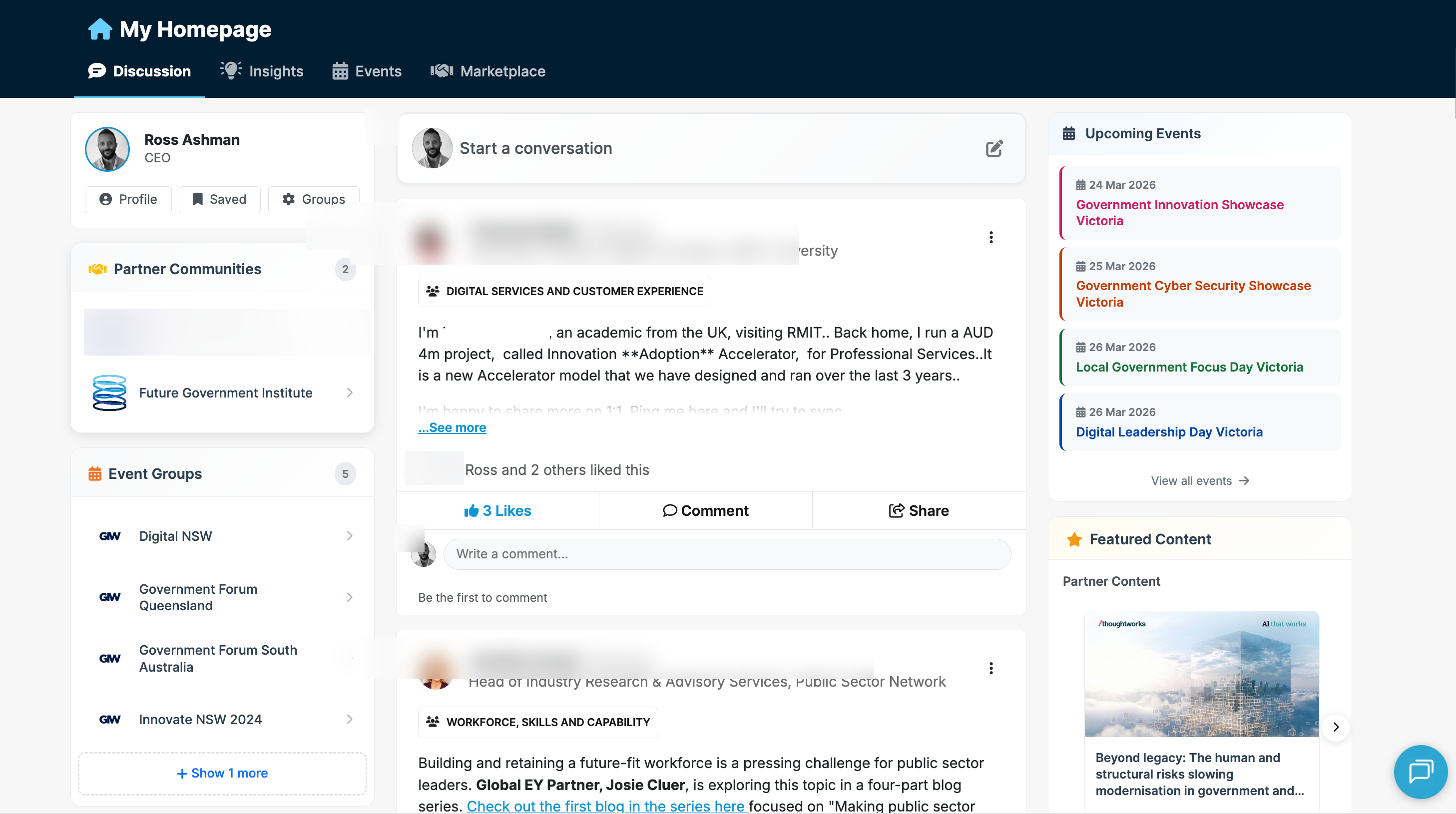 Public Sector Network member homepage showing discussions, events, and featured content
